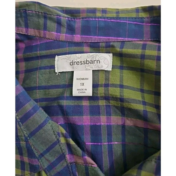 Dressbarn ~Woman Plus Size 1X~ Green/Pink Plaid Button-Up Long Sleeve Shirt Top. - Picture 2 of 9